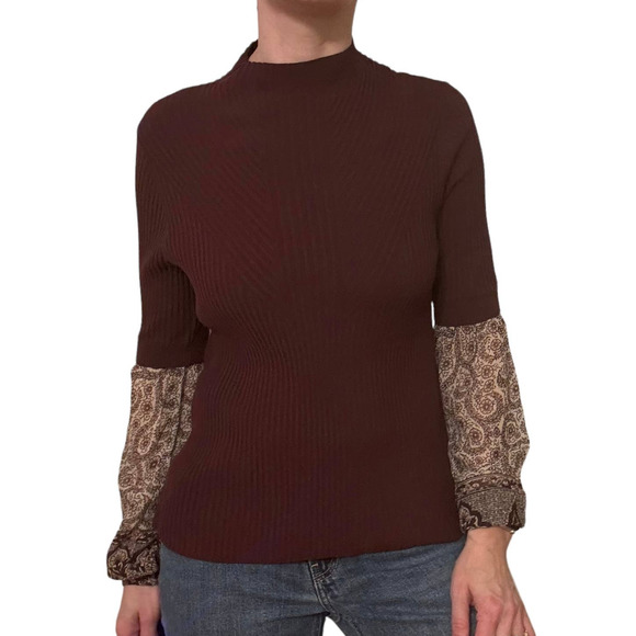 VERONICA BEARD MOON MIXED MEDIA RIBBED MOCK NECK SWEATER BLOUSE WOMEN SIZE M - Picture 1 of 14